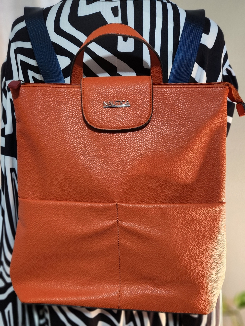 Nautica Orange Pebbled Leather Backpack Tote with Navy Straps